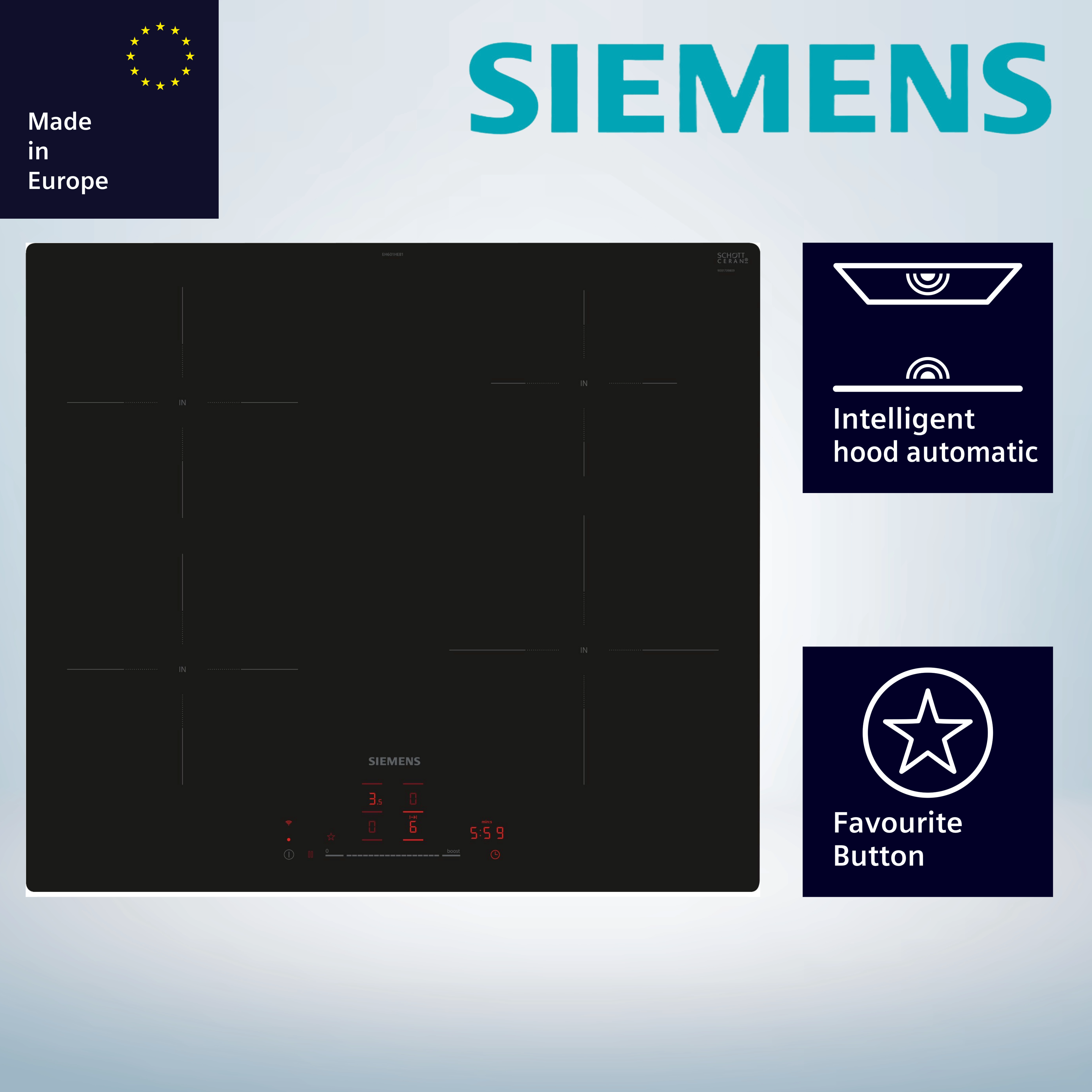  Siemens EH601HEB1E Induktionskochfeld  autark  flächenbündiger Einbau  WLAN  Standardbreite 60  Slider-Steuerung 