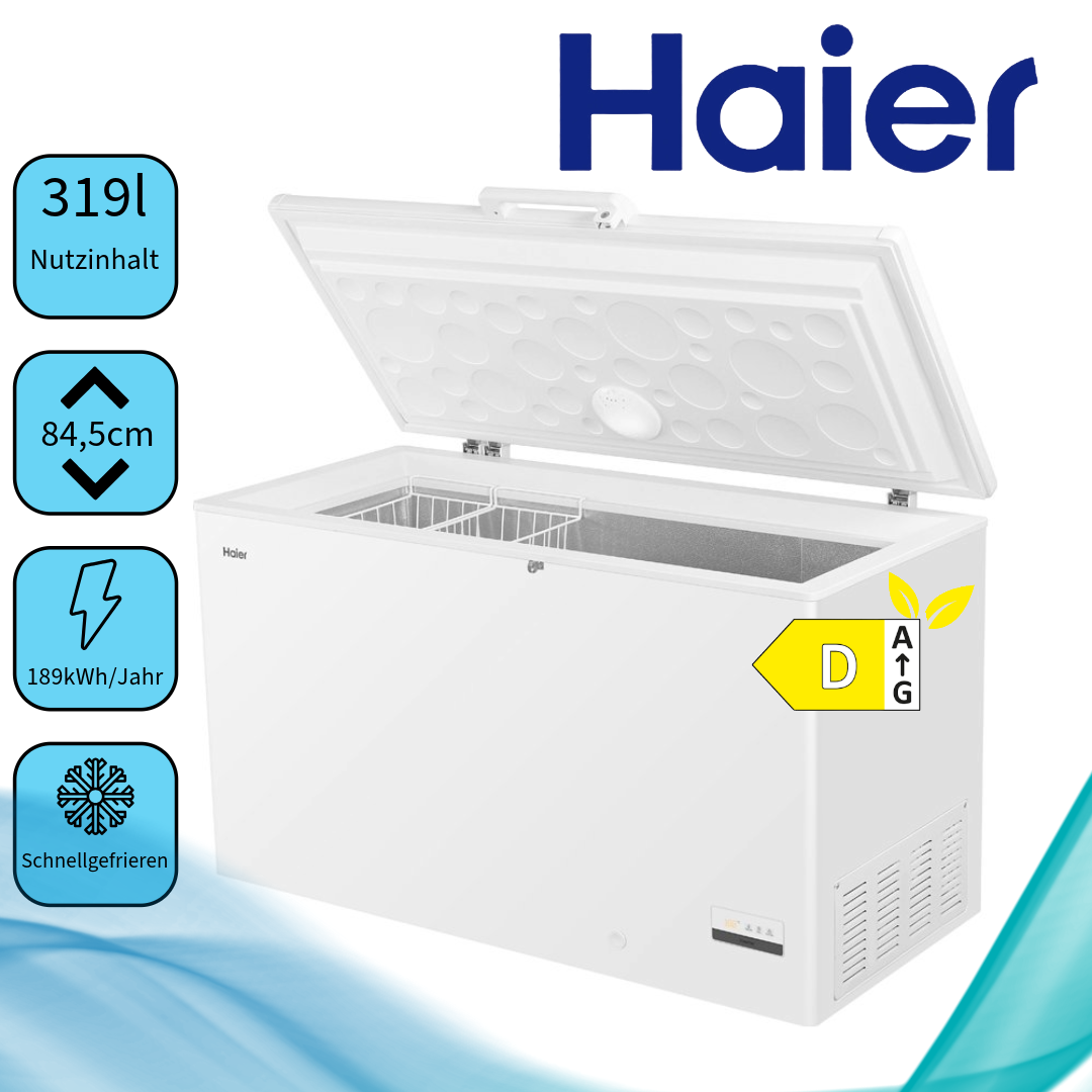 Haier HCE321T Gefriertruhe / 319 Liter / Innenbeleuchtung / Super-Gefrierfunktion weiß