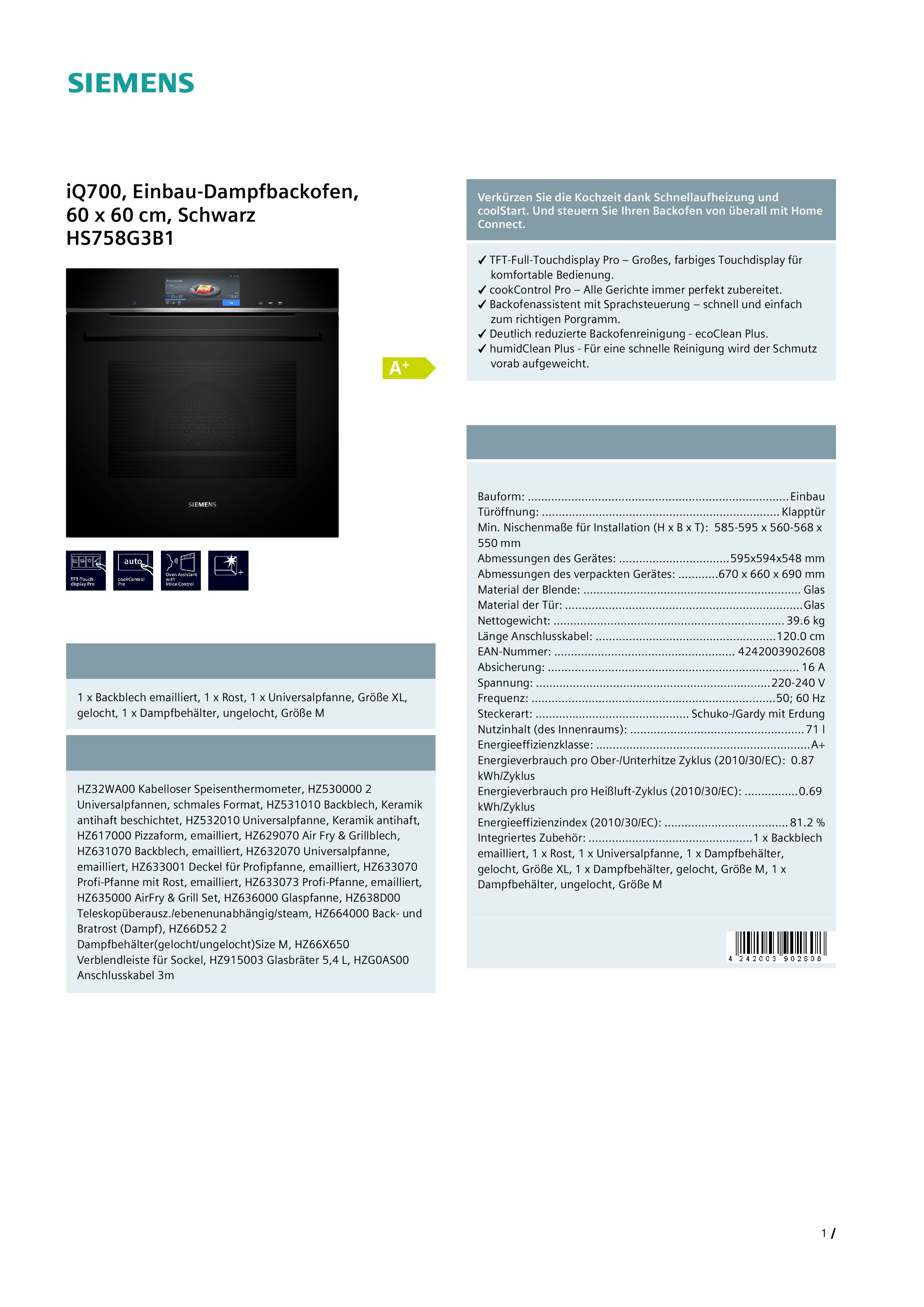  Siemens HS758G3B1 Einbaubackofen  71 Liter  Hydrolyse  WLAN-fähig 