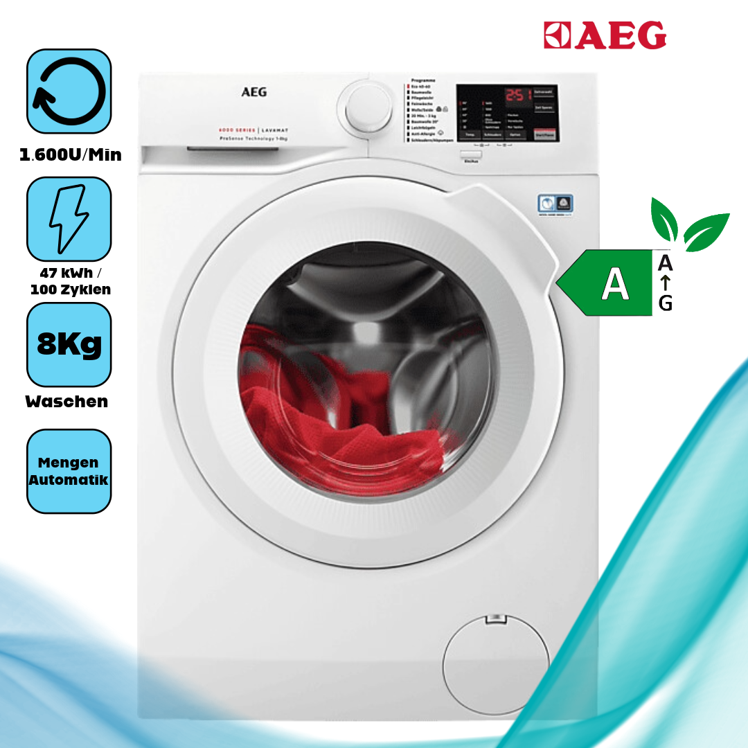 AEG L6FBA51680   Frontlader  8 kg  1.600 U/Min  Startzeitvorwahl 