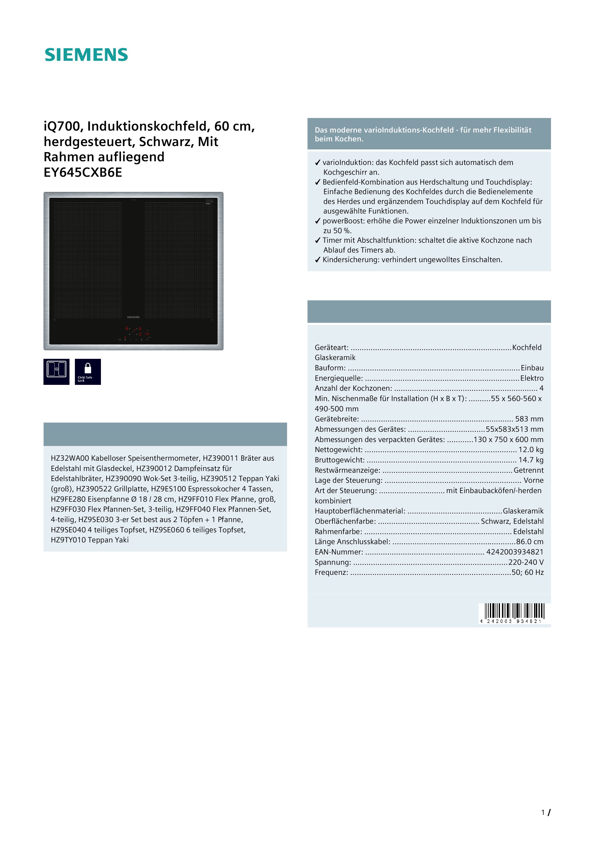 Siemens EY645CXB6E Induktionskochfeld  flacher, breiter Rahmen  herdgebunden  aufliegender Einbau