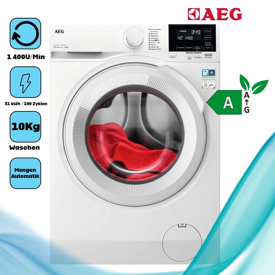 AEG LR6F60400  Frontlader  10 kg  1.400 U/Min  Startzeitvorwahl  230 min Waschdauer