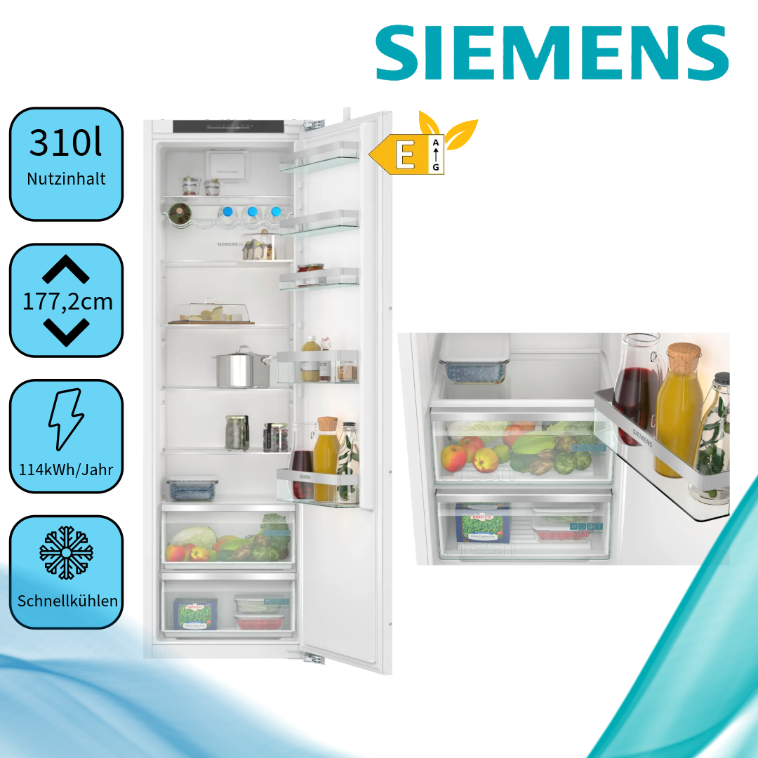  Siemens KI81RVFE0  Vollraumkühlschrank  114 kWh/Jahr  Inhalt Kühlbereich 310 Liter Einbau