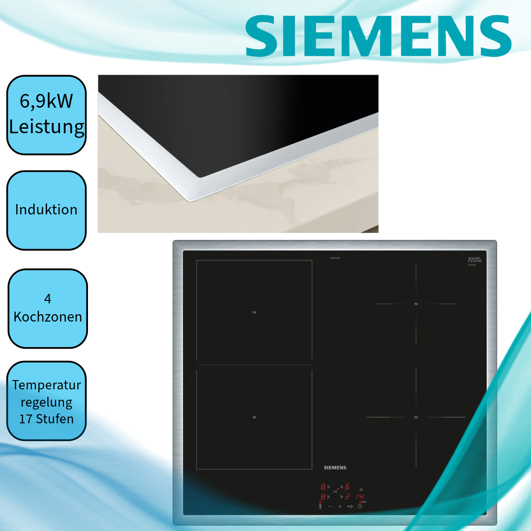 Siemens EM645CSB6E Induktionskochfeld  flacher, breiter Rahmen  herdgebunden  aufliegender Einbau