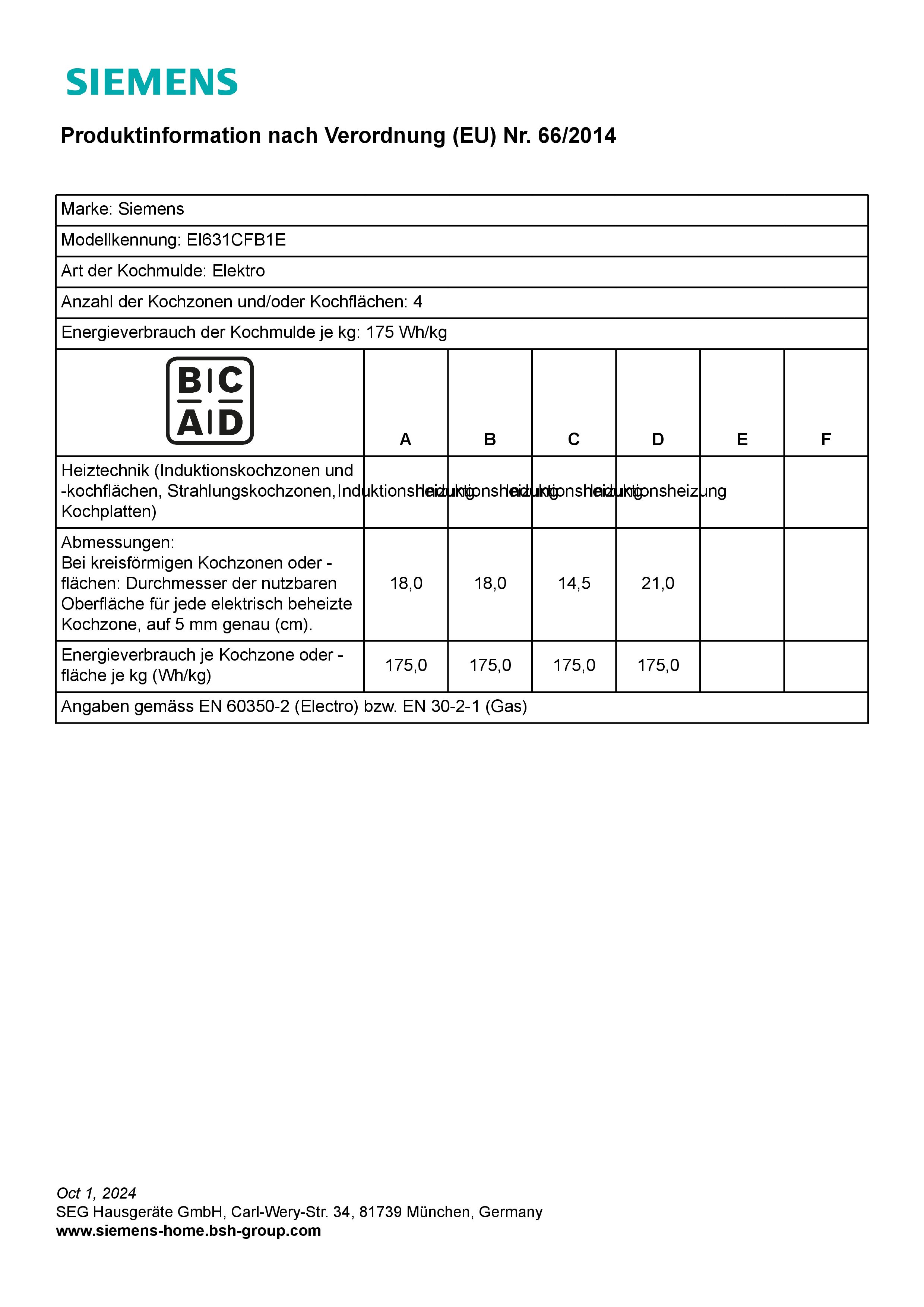 Siemens EI631CFB1E Induktionskochfeld  Facettenschliff  herdgebunden  aufliegender Einbau  Standardbreite 60