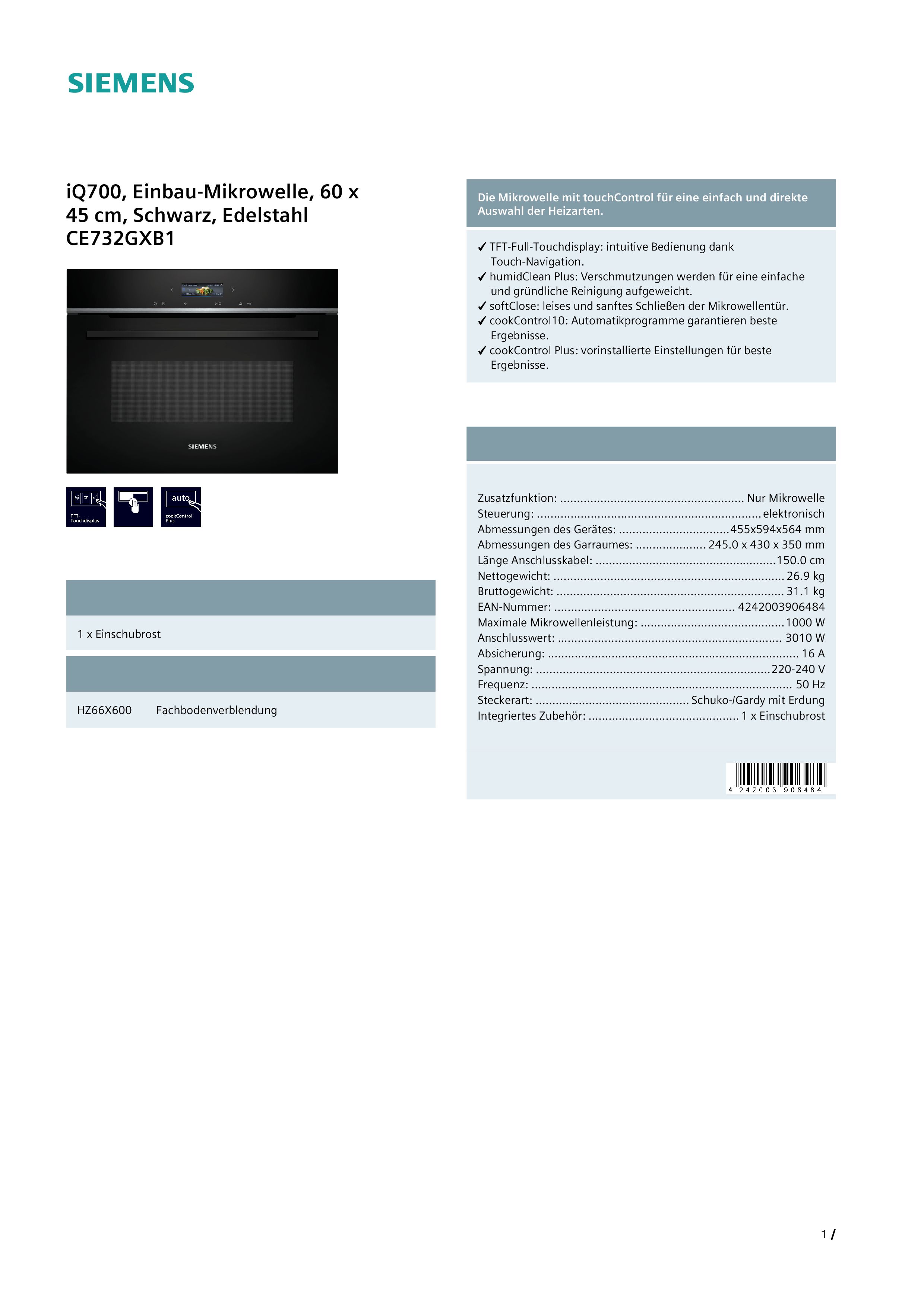 Siemens CE732GXB1 Einbau-Mikrowelle, 60 x 45 cm, Schwarz, cookControl10 - Automatikprogramme