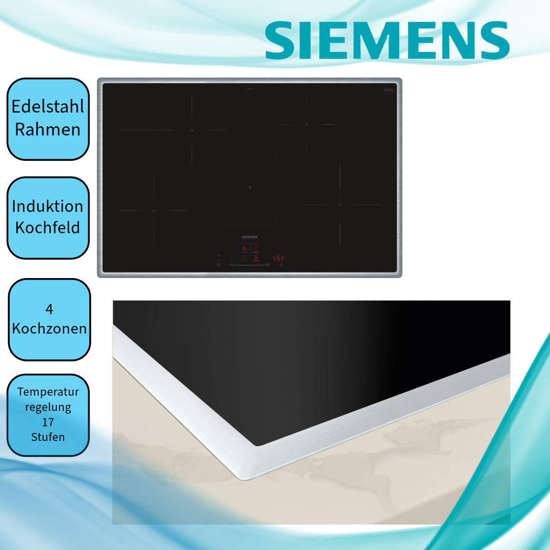 Siemens EH845HFB1E Induktionskochfeld  flacher, breiter Rahmen  autark  aufliegender Einbau  Standardbreite 85 