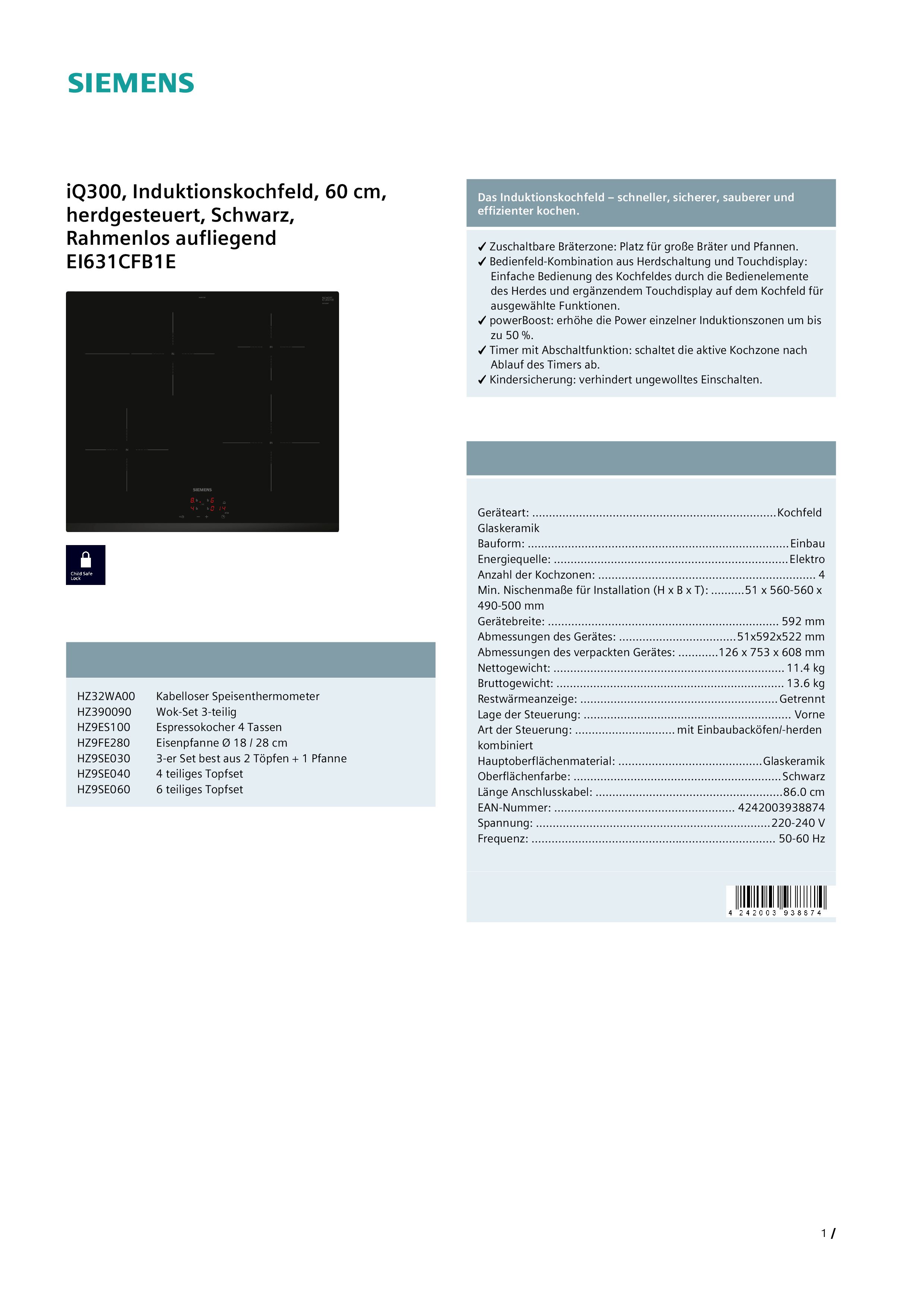 Siemens EI631CFB1E Induktionskochfeld  Facettenschliff  herdgebunden  aufliegender Einbau  Standardbreite 60