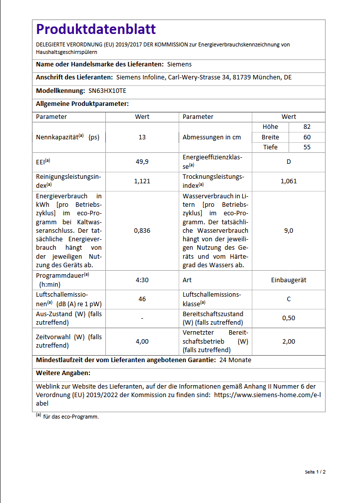 Siemens SN63HX10TE  Einbaugeschirrspüler  vollintegrierbar  Anzahl Maßgedecke 13 